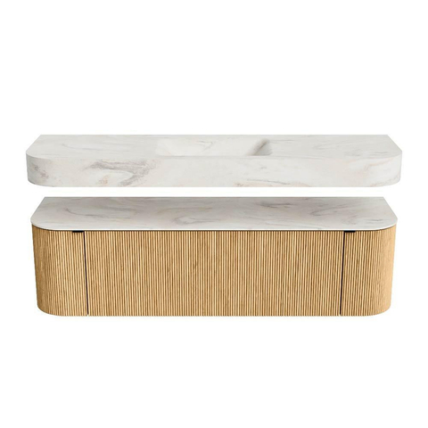MONDIAZ THOR-DLUX 160cm badmeubel ronding links + rechts kleur Oak met 1 lade en 2 deuren. Vrijhangende wastafel CLOUD Midden 1 kraangat kleur Ostra. SW1464964