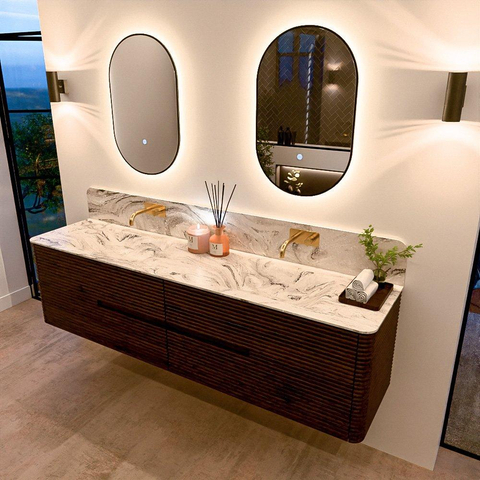 Mondiaz CIRO-DLUX Badkamermeubelset - 190x45x50cm - Solid surface wastafel Glace - 2 wasbak Dubbel - zonder kraangaten - 4 lades - Walnut SW1530137