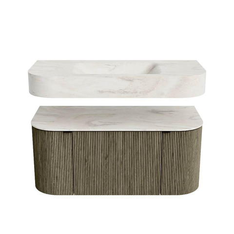 MONDIAZ THOR-DLUX Meuble de salle de bains - 100cm - arrondi gauche + droite - couleur Shadow - 1 tiroir - 2 portes - Vasque suspendue CLOUD Milieu sans trou de robinet - couleur Ostra SW1467524