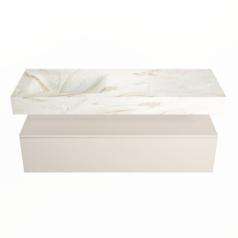 Mondiaz ALAN-DLUX Ensemble de meuble - 130cm - meuble Linen mat - 1 tiroir - Lavabo Cloud Frappe suspendu - vasque Gauche - 0 trous de robinet SW805402