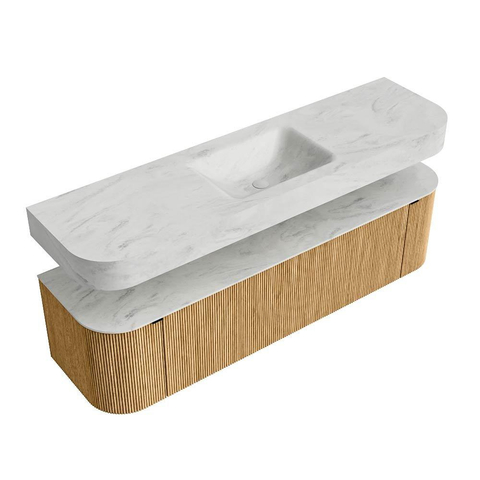 MONDIAZ THOR-DLUX Meuble de salle de bains - 170cm - arrondi gauche + droite - couleur Oak - 1 tiroir - 2 portes - Vasque suspendue CLOUD Milieu sans trou de robinet - couleur Opalo SW1465447