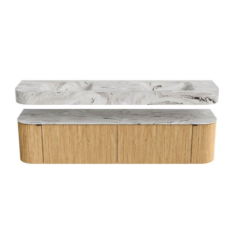 MONDIAZ THOR-DLUX Meuble de salle de bains - 190cm - arrondi gauche + droite - couleur Oak - 2 tiroirs et 2 portes - Vasque suspendue CLOUD Double sans trou de robinet - couleur Glace SW1466362