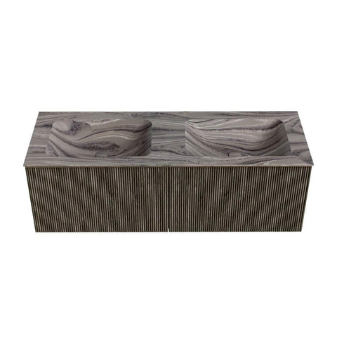 MONDIAZ KURVE-DLUX Meuble de salle de bains 130cm couleur Shadow avec 2 tiroirs et 0 portes. Vasque LEAF Double sans trou de robinet Sombra. SW1433796