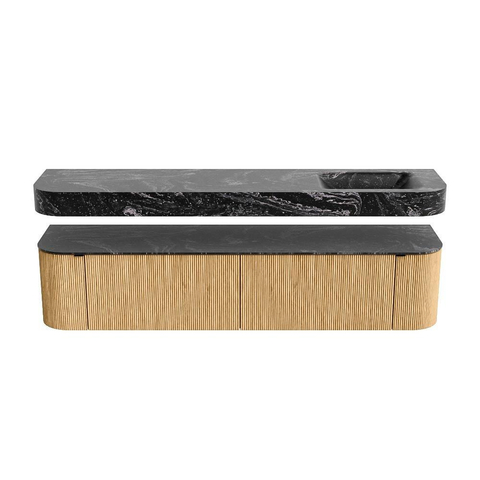MONDIAZ THOR-DLUX 200cm badmeubel ronding links + rechts kleur Oak met 2 lades en 2 deuren. Vrijhangende wastafel CLOUD Rechts 1 kraangat kleur Lava. SW1466958