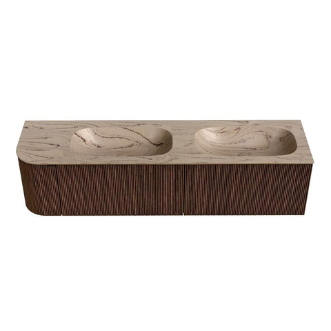 MONDIAZ KURVE-DLUX Meuble de salle de bains 175cm arrondi à gauche couleur Walnut avec 2 tiroirs et 1 porte. Lavabo STOR SMALL Double / à droite 2 trous de robinet Arena. SW1431278