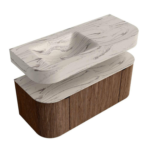 MONDIAZ THOR-DLUX 110cm badmeubel ronding links + rechts kleur Walnut met 1 lade en 2 deuren. Vrijhangende wastafel CLOUD Links 1 kraangat kleur Nata. SW1462993