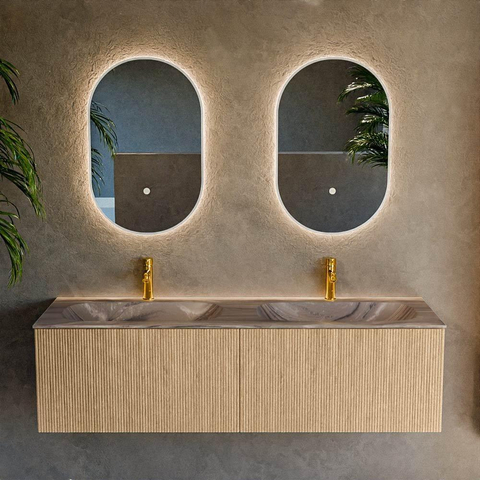 MONDIAZ KURVE-DLUX Meuble de salle de bains 150cm couleur Oak avec 2 tiroirs et 0 portes. Lavabo STOR SMALL Double 2 trous de robinet Sombra. SW1433617
