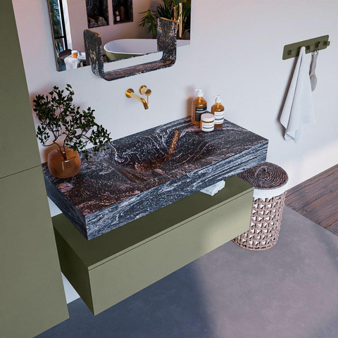 Mondiaz ALAN-DLUX Ensemble de meuble - 100cm - meuble Army mat - 1 tiroir - Lavabo Cloud Lava suspendu - vasque Centre - 0 trous de robinet SW808291