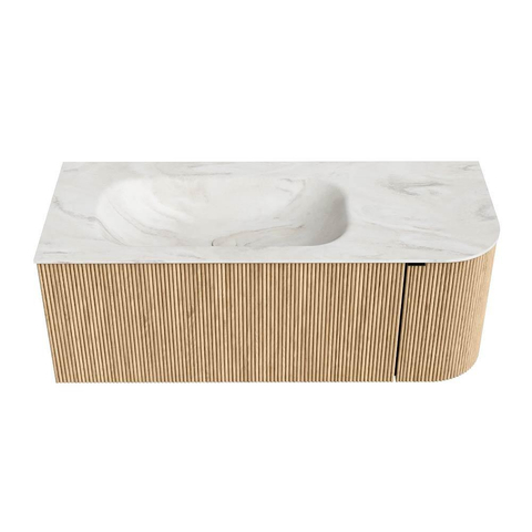 MONDIAZ KURVE-DLUX meuble de salle de bains 115 cm avec module 25 R couleur Oak avec 1 tiroir et 1 porte. Lavabo BIG SMALL gauche sans trou de robinet couleur Ostra. SW1137758