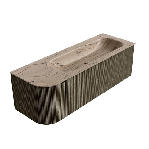 MONDIAZ KURVE-DLUX 135cm meuble de salle de bains arrondi gauche couleur Shadow avec 1 tiroir et 1 porte. Lavabo BIG MEDIUM droit 1 trou de robinet Arena. SW1431471