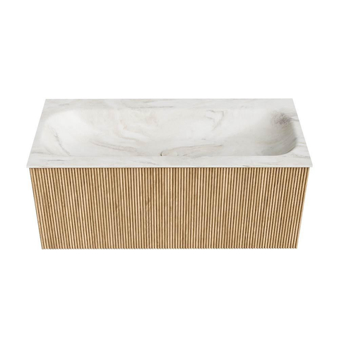 MONDIAZ KURVE-DLUX Meuble de salle de bains 100 cm couleur Oak avec 1 tiroir. Vasque BIG MEDIUM centrée sans trou de robinet couleur Ostra. SW1137725