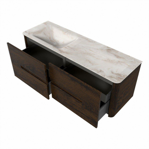 Mondiaz CIRO-DLUX Badkamermeubelset - 140x45x50cm - Solid surface wastafel Frappe - 1 wasbak Links - 1 kraangat - 4 lades - Walnut SW1530296