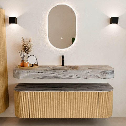 MONDIAZ THOR-DLUX 150cm meuble de salle de bains arrondi gauche + droite couleur Oak avec 1 tiroir et 2 portes. Vasque suspendue CLOUD Milieu 1 trou de robinet couleur Sombra. SW1464912