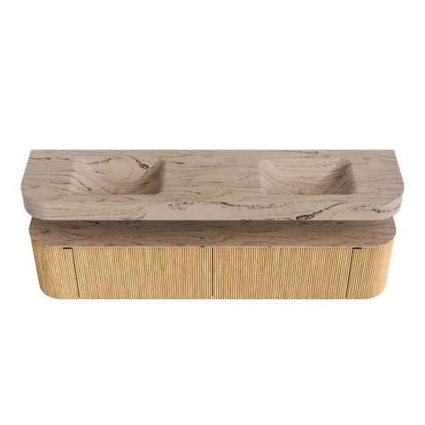 MONDIAZ THOR-DLUX 200cm meuble de salle de bains arrondi gauche + droite couleur Chêne avec 2 tiroirs et 2 portes. Vasque suspendue CLOUD Double sans trou de robinet couleur Arena. SW1467065