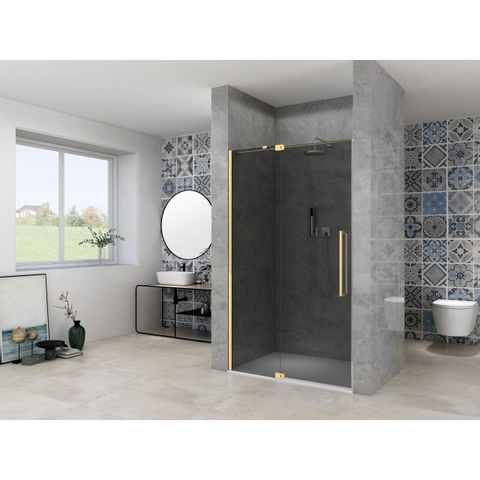 Van Rijn Products ST08 Porte pivotante pour niche - 130x200cm - verre fumé gris - épaisseur 8mm - 2 parties - profil mural - barre de stabilisation - Laiton SW1030612