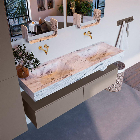 Mondiaz ALAN-DLUX Ensemble de meuble - 150cm - meuble Smoke mat - 2 tiroirs - Lavabo Cloud Glace suspendu - vasque Gauche et droite - 0 trous de robinet SW805098