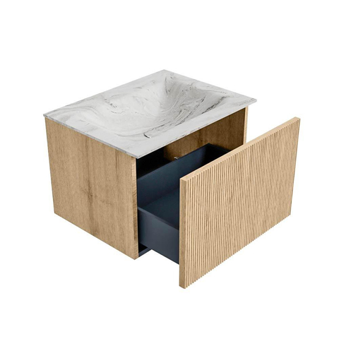 MONDIAZ KURVE-DLUX Meuble de salle de bains 60cm couleur Oak avec 1 tiroir. Lavabo CLOUD central sans trou de robinet couleur Glace. SW1137963