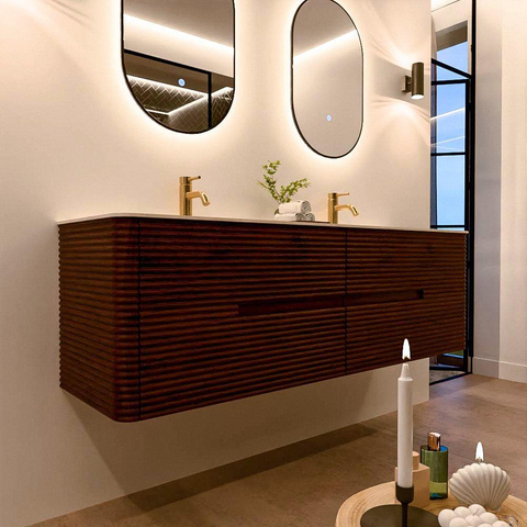 Mondiaz CIRO-DLUX Badkamermeubelset - 160x45x50cm - Solid surface wastafel Meli - 2 wasbak Dubbel - 2 kraangaten - 4 lades - Ruby SW1531787