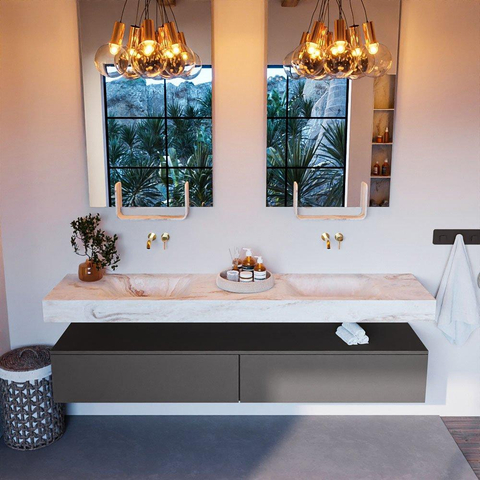 Mondiaz ALAN-DLUX Ensemble de meuble - 200cm - meuble Dark grey mat - 2 tiroirs - Lavabo Cloud Frappe suspendu - vasque Gauche et droite - 0 trous de robinet SW804836
