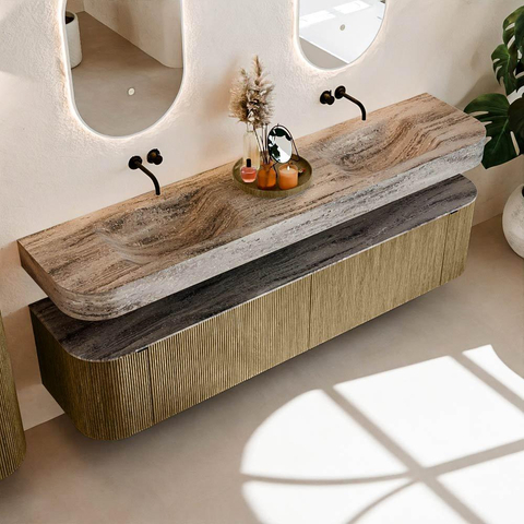MONDIAZ THOR-DLUX 200cm meuble de salle de bains arrondi gauche + droite couleur Dusk avec 2 tiroirs et 2 portes. Vasque suspendue CLOUD Double sans trou de robinet couleur Oza. SW1467719