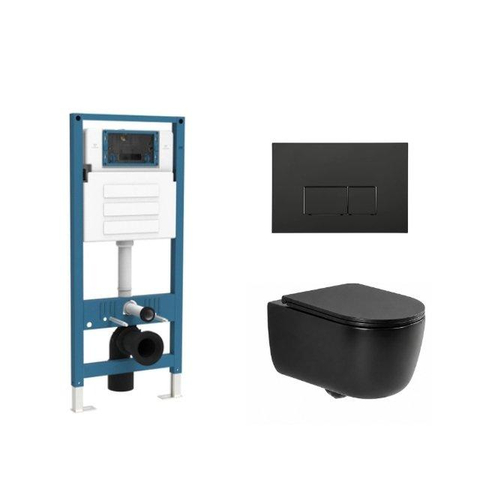 QeramiQ Dely Swirl Ensemble de toilette - réservoir encastré Qeramiq Flush - abattant slim - plaque de commande noire mate en plastique - boutons rectangulaires - noir mat SW1578308