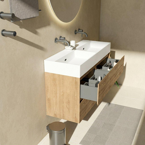 Saniclass Holz Pure Badkamermeubelset - 120x45x72cm - Legend keramische wastafel mat wit - 2 wasbakken - zonder kraangaten - 4 lades - mat eiken natural (hout) SW1596141
