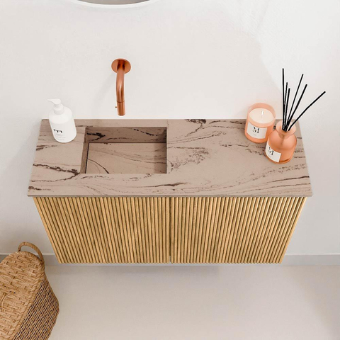 Mondiaz JOYA-DLUX 70cm toiletmeubel - kleur Oak - Wastafel FAYE positie Links Zonder kraangat kleur Arena. SW1423850