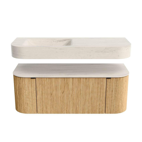 MONDIAZ THOR-DLUX Meuble de salle de bains 120cm arrondi gauche + droite couleur Oak avec 1 tiroir et 2 portes. Vasque suspendue CLOUD Gauche 1 trou de robinet couleur Meli. SW1463325