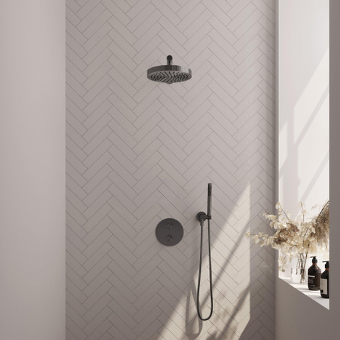 BRAUER Stripe Douche de tête thermostatique encastrée - 3 voies - ronde - SET 37 - pomme de douche 25cm - bras mural droit - douchette à main barre - flexible de douche - coude de raccord mural - gunmetal brossé PVD SW1435010