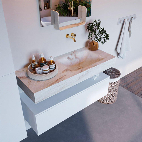 Mondiaz ALAN-DLUX Ensemble de meuble - 110cm - meuble Talc mat - 1 tiroir - Lavabo Cloud Frappe suspendu - vasque Droite - 0 trous de robinet SW805036