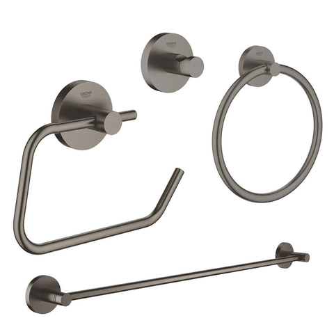 Grohe Essentials Accessoireset 4-delig - handdoekring - handdoekhouder - handdoekhaak - toiletrolhouder zonder klep - brushed hard graphite (antraciet) SW529116