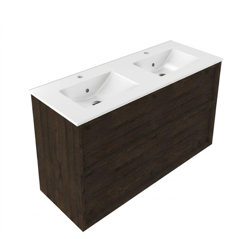 Saniclass Holz Frame Ensemble de meubles de salle de bains - 120x45x62cm - lavabo Vygo en céramique blanc - 2 vasques - 2 trous de robinetterie - 2 tiroirs - chêne charcoal mat (bois) SW1579939