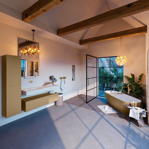 Mondiaz ALAN-DLUX Ensemble de meuble - 130cm - meuble Oro mat - 1 tiroir - Lavabo Cloud Frappe suspendu - vasque Gauche - 0 trous de robinet SW805587