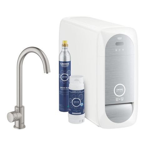 Grohe Blue Home Keukenkraan - C-uitloop - 1-gats - filterfunctie - plat licht en bruisend water - Supersteel (RVS) SW228372