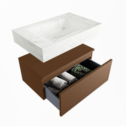 Mondiaz ALAN-DLUX Ensemble de meuble - 70cm - meuble Rust mat - 1 tiroir - Lavabo Cloud Opalo suspendu - vasque Centre - 1 trou de robinet SW806680