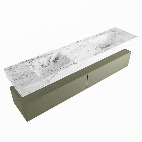 Mondiaz ALAN-DLUX Ensemble de meuble - 200cm - meuble Army mat - 2 tiroirs - Lavabo Cloud Glace suspendu - vasque Gauche et droite - 0 trous de robinet SW806281
