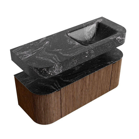 MONDIAZ THOR-DLUX 120cm meuble de salle de bains arrondi gauche + droite couleur Walnut avec 1 tiroir et 2 portes. Vasque suspendue CLOUD droite sans trou de robinet couleur Lava. SW1463218