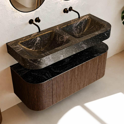 MONDIAZ THOR-DLUX 120cm meuble de salle de bains arrondi gauche + droite couleur Walnut avec 1 tiroir et 2 portes. Vasque suspendue CLOUD Double sans trou de robinet couleur Lava. SW1463225