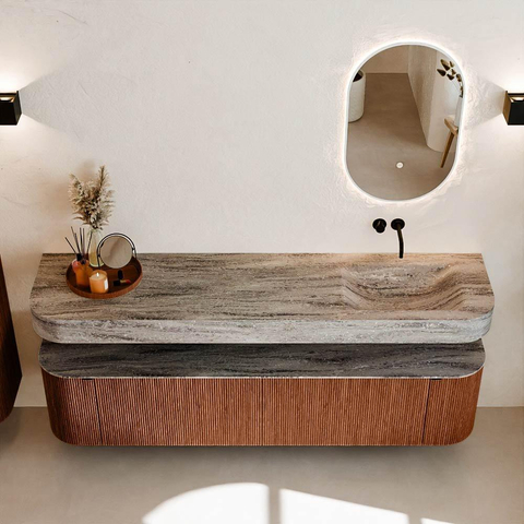 MONDIAZ THOR-DLUX 190cm meuble de salle de bains arrondi gauche + droite couleur Ruby avec 2 tiroirs et 2 portes. Vasque suspendue CLOUD Droite sans trou de robinet couleur Oza. SW1466808