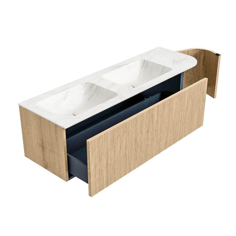 MONDIAZ KURVE-DLUX Meuble de salle de bains 145 cm avec module 25 R couleur Chêne avec 1 tiroir et 1 porte. Lavabo LEAF double / gauche 2 trous de robinet couleur Ostra. SW1137773