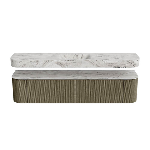 MONDIAZ THOR-DLUX 200cm meuble de salle de bains arrondi gauche + droite couleur Shadow avec 2 tiroirs et 2 portes. Vasque suspendue CLOUD Milieu sans trou de robinet couleur Glace. SW1467034
