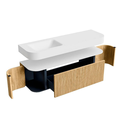 MONDIAZ THOR 150cm badmeubel ronding links + rechts kleur Oak met 1 lade en 2 deuren. Vrijhangende wastafel CLOUD Links 1 kraangat kleur Talc. SW1464578