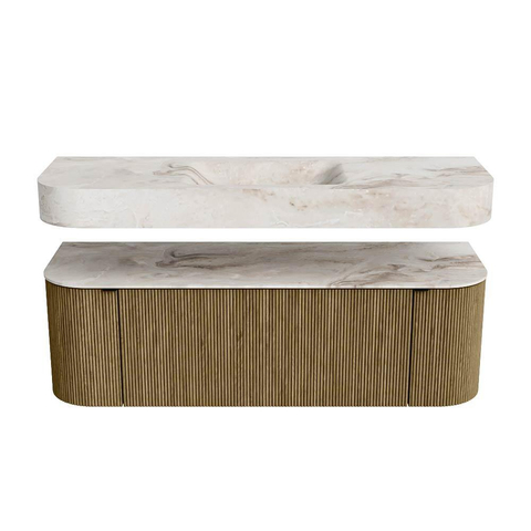 MONDIAZ THOR-DLUX Meuble de salle de bains - 140cm - arrondi gauche + droite - couleur Dusk - 1 tiroir - 2 portes - Vasque suspendue CLOUD Milieu sans trou de robinet - couleur Frappe SW1464247