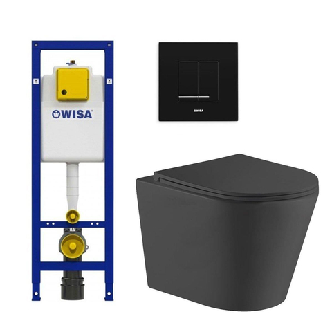 QeramiQ Dely Toiletset - Wisa inbouwreservoir - zwarte bedieningsplaat - toilet - zitting - mat zwart SW643462
