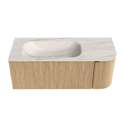 MONDIAZ KURVE-DLUX Meuble de salle de bains 115 cm arrondi à droite couleur Oak avec 1 tiroir et 1 porte. Lavabo BIG SMALL à gauche sans trou de robinet Meli. SW1431582