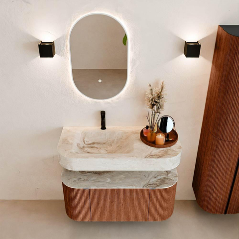 MONDIAZ THOR-DLUX 100cm meuble de salle de bains arrondi gauche + droite couleur Ruby avec 1 tiroir et 2 portes. Vasque suspendue CLOUD Gauche 1 trou de robinet couleur Frappe. SW1467358