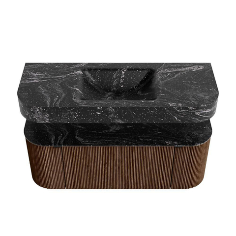 MONDIAZ THOR-DLUX 120cm badmeubel ronding links + rechts kleur Walnut met 1 lade en 2 deuren. Vrijhangende wastafel CLOUD Midden 1 kraangat kleur Lava. SW1463237