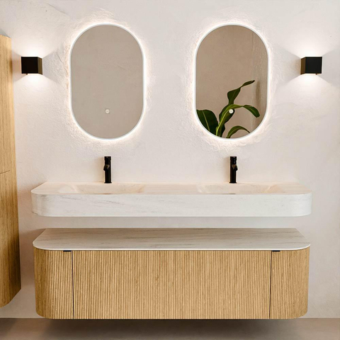 MONDIAZ THOR-DLUX 160cm meuble de salle de bains arrondi gauche + droite couleur Oak avec 1 tiroir et 2 portes. Vasque suspendue CLOUD Double 2 trous de robinet couleur Meli. SW1465146