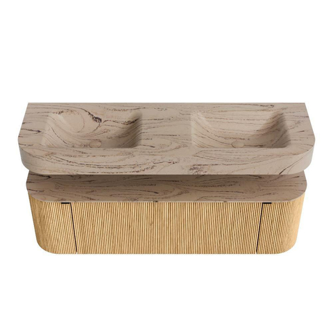 MONDIAZ THOR-DLUX 150cm badmeubel ronding links + rechts kleur Oak met 1 lade en 2 deuren. Vrijhangende wastafel CLOUD Dubbel 2 kraangaten kleur Arena. SW1464725