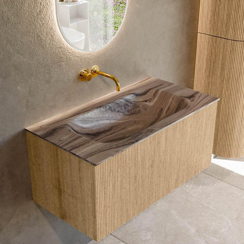 MONDIAZ KURVE-DLUX meuble de salle de bains 90cm couleur Oak avec 1 tiroir et 0 porte. Lavabo BIG SMALL Milieu sans trou de robinet Sombra. SW1433552